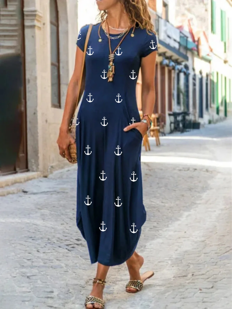 Blue Round Neck Short Sleeves Printed Dress