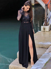 Black Lace A-Line Jewel Neck Split Leg Prom Dress