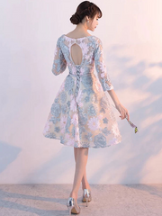 Satin Floral Embroidered Long Sleeves Prom Dress