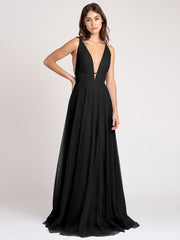 Deep V-Neck Sleeveless A-Line Zipper Pleated Tulle Party Dress