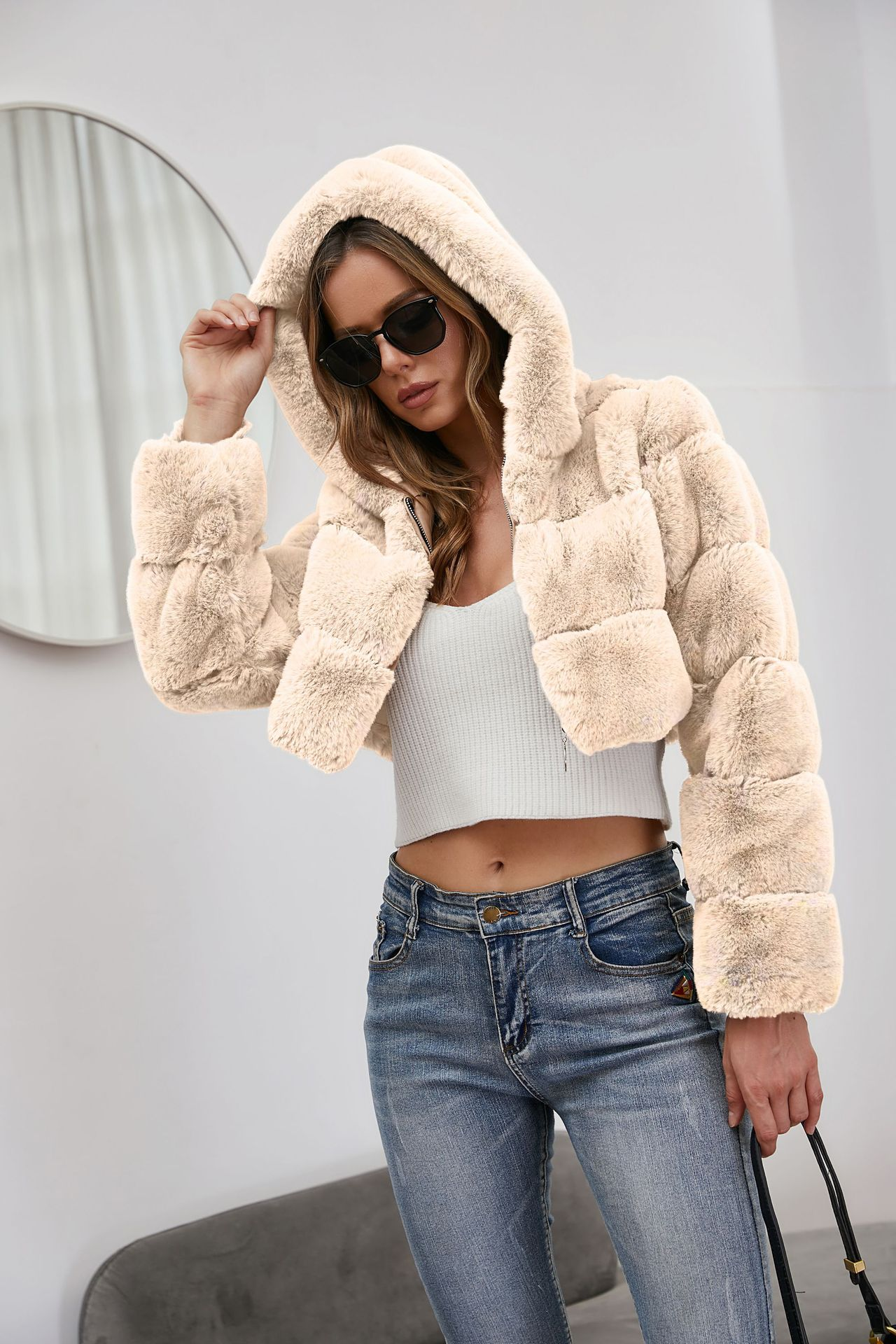 Faux Fur Hooded Zipper Coat