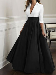 Black Satin V-Neck Half Sleeves A-Line Wedding Guest Dress