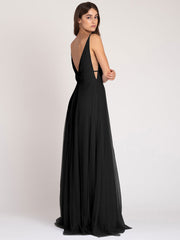 Deep V-Neck Sleeveless A-Line Zipper Pleated Tulle Party Dress