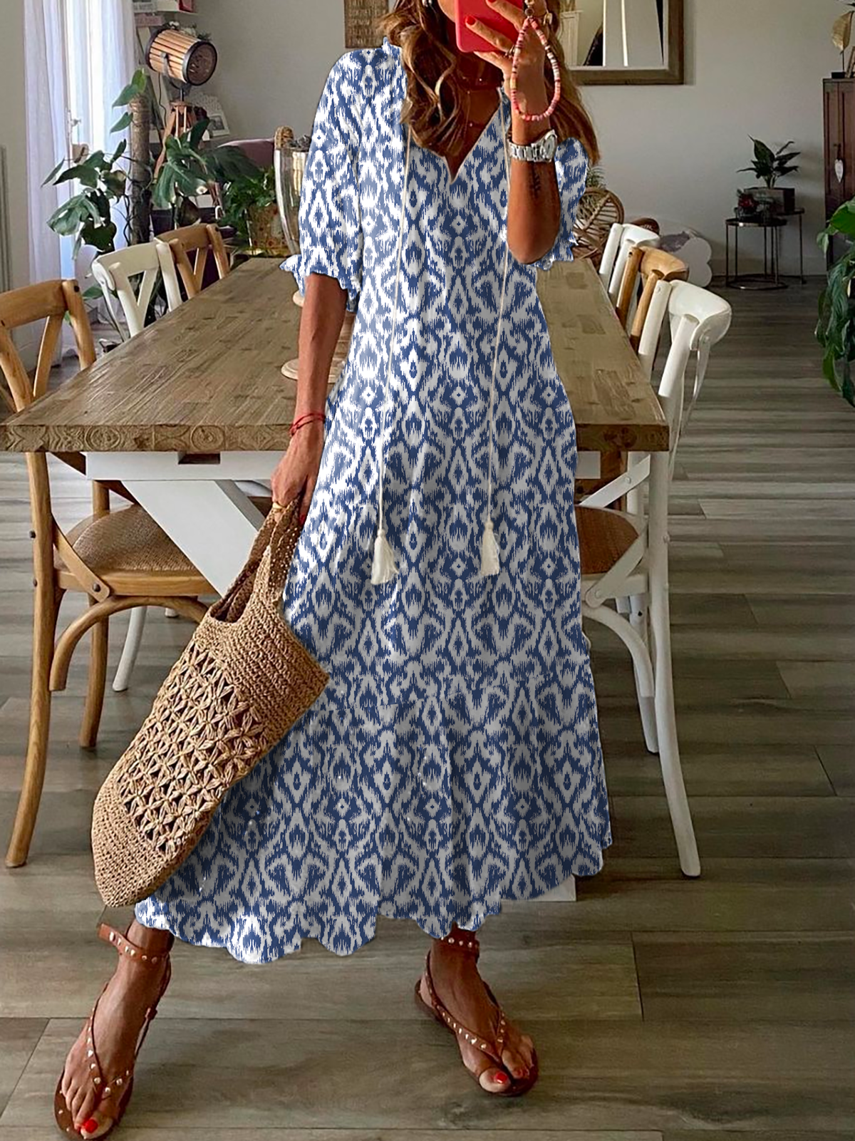 Blue Printed Half Sleeves Maxi Dress