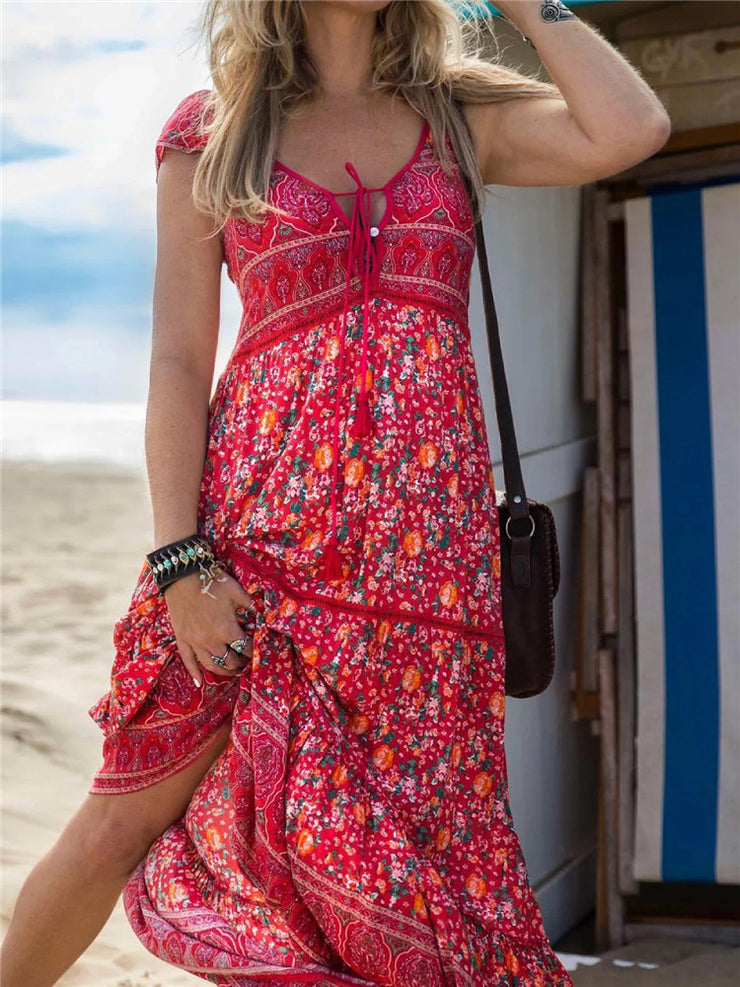 Women V Neck Casual Floral Printed Short Sleeve Woven Dress