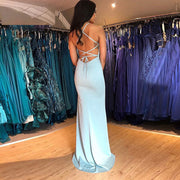 Light Cyan Satin Backless Fishtail Split Prom Dress