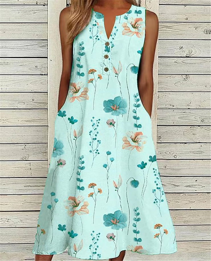 Women Floral Printed V Neck Sleeveless Loose Casual Midi Dress