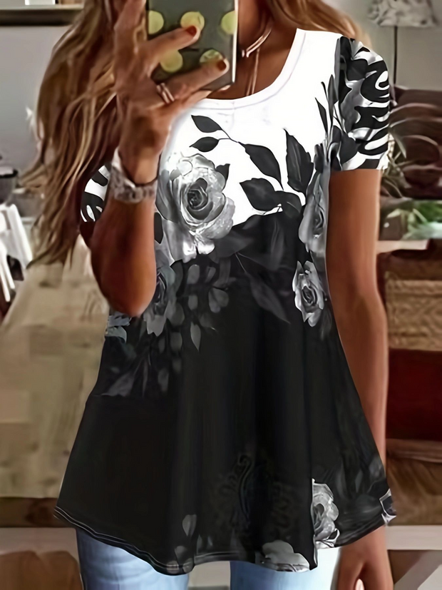 Black Floral Printed Short Sleeves Top