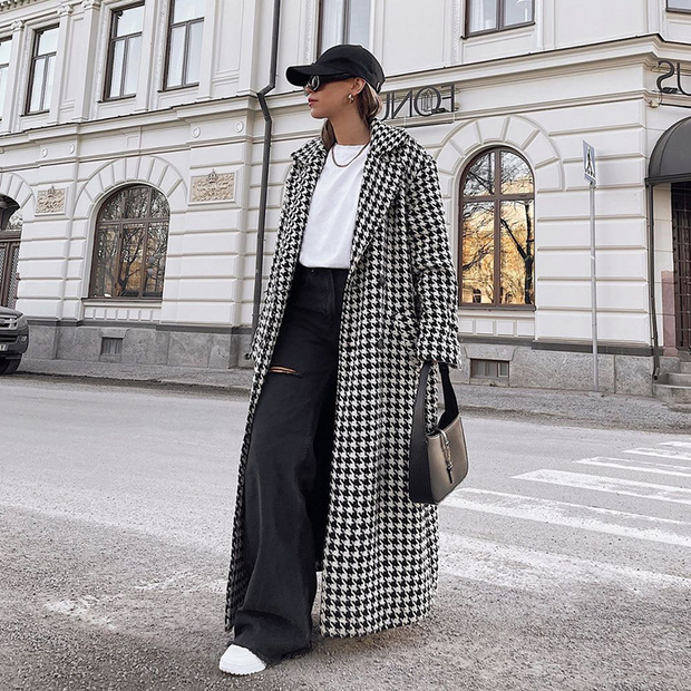 Houndstooth Notched Lapel Belted Long Coat