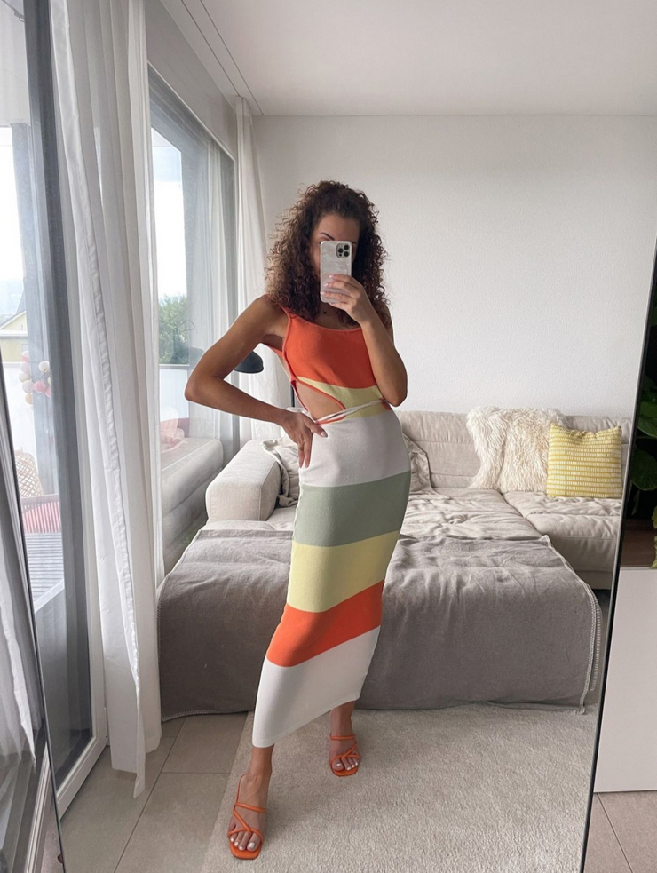 Multicolored Stripe Knitted Backless Maxi Dress