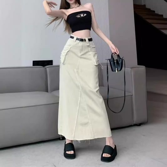 Asymmetric Belted Flap Pocket Split Maxi Skirt