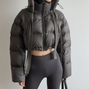 Hooded Tie Zipper Puffer Crop Coat