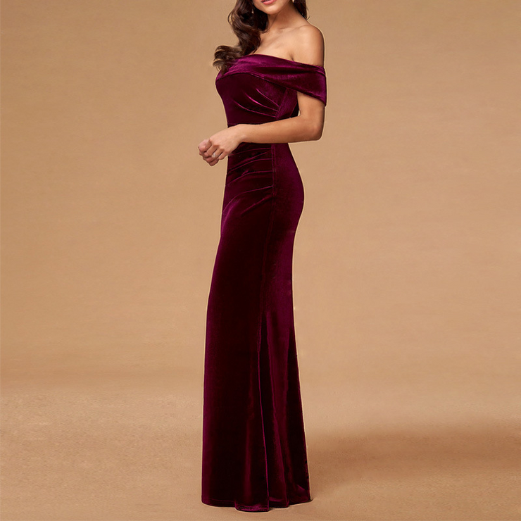 Velvet Off-Shoulder Sleeveless Long Dress