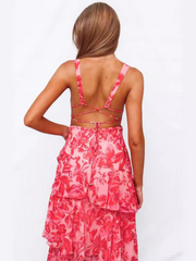 Floral Printed Strappy Back Ruffle Midi Dress