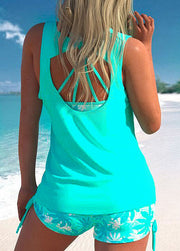 Three-piece High Waisted Leaf Print Cyan Tankini