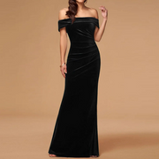 Velvet Off-Shoulder Sleeveless Long Dress