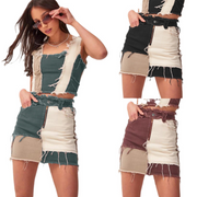 Patchwork Frayed Mini Skirt