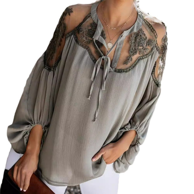 Women Sheer Flowers Embroidered Bohemian Long Sleeves Tops