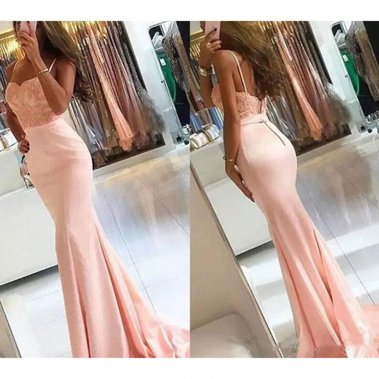 Light Pink Suspender Fishtail Long Prom Dress