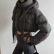 Hooded Tie Zipper Puffer Crop Coat