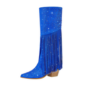 Tassel Rhinestone Round Head Thick Heel High Boots