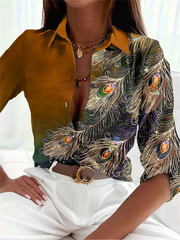 Casual Button Up Collared Feather Pattern Top