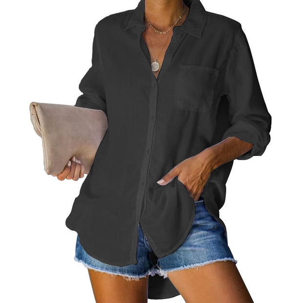 Basic Collar Pocket Holiday Solid Cotton Blouse Shirt