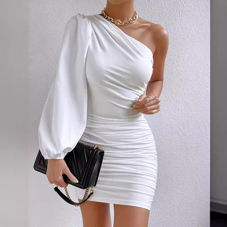 White One Shoulder Long Sleeves Mini Dress