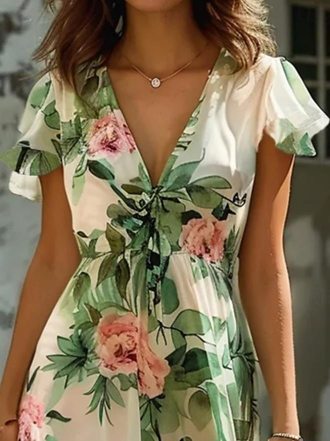 Deep V Neck Floral Printed Casual Dress