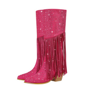 Tassel Rhinestone Round Head Thick Heel High Boots