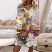 Women Tribal Boho V Neck Loose Short Tunic Short Dress