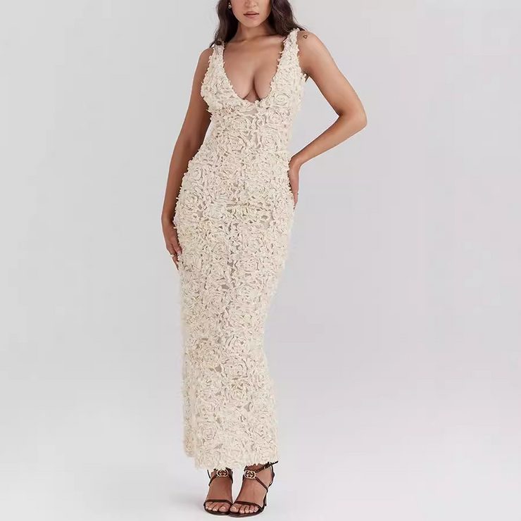 Appliques V-Neck Sleeveless Slit Maxi Dress