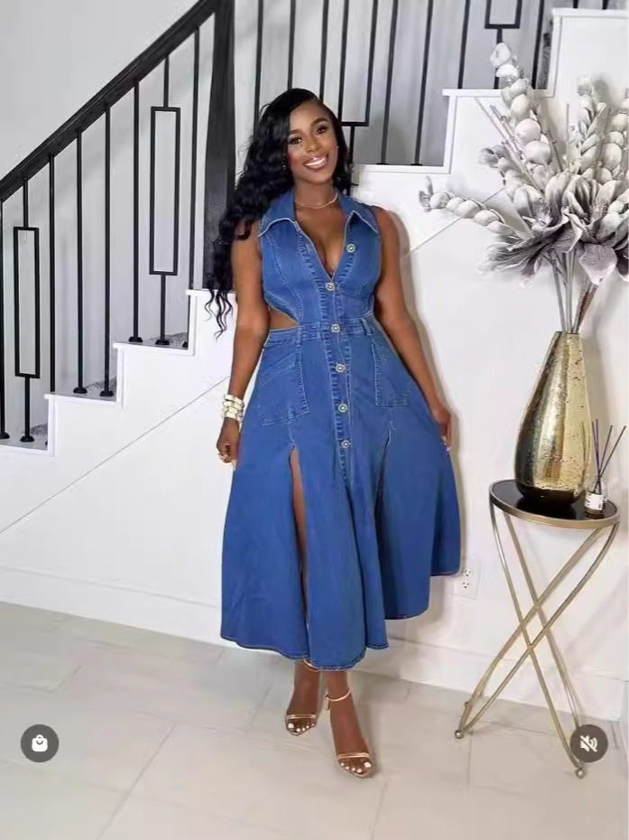 Denim Cut Out Waist Maxi Dress