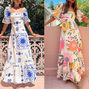 Looking For Sunshine Floral Print Square Neck Bubble Sleeve Maxi Dress