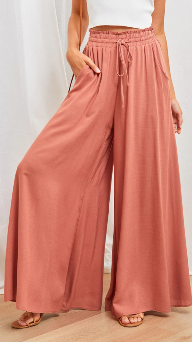 Plain Casual Wide Leg Shirred Waist Pants