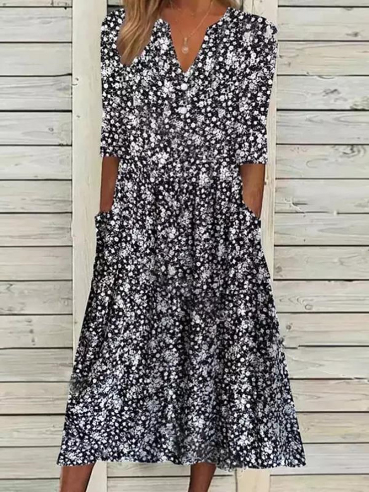 Casual Floral Printed V Neck Long Sleeves Midi Dress