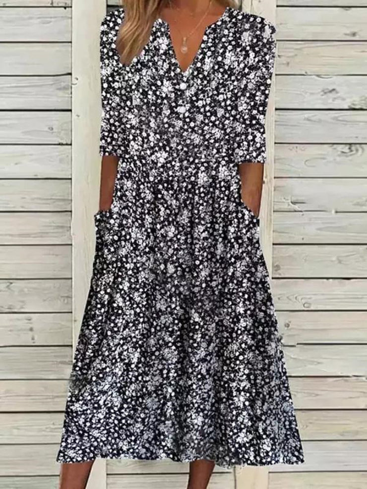 Casual Short Sleeve Woven V Neck Floral Midi Dress