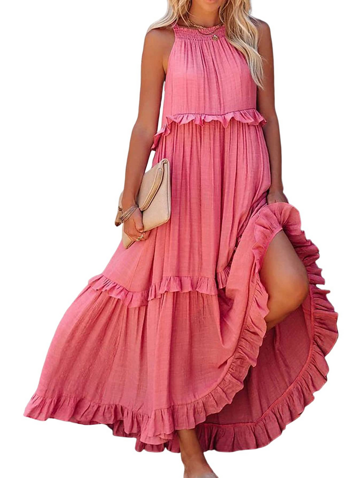 Ruffled Sleeveless Tiered Maxi Dress with Pockets