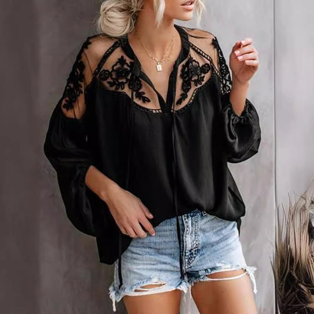 Women Sheer Flowers Embroidered Bohemian Long Sleeves Tops