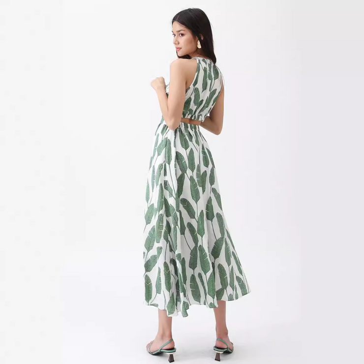 Leave Printed Sleeveless Halter Neck Maxi Dress