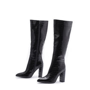 Women Wide Stone Grain Chunky Heel Bright Leather Thigh High Boots