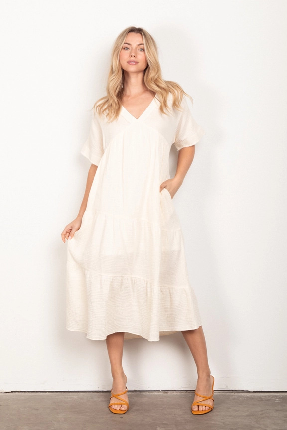 Cotton Poplin Ruffled Tiered Midi Dress