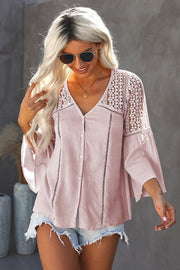 Ruffles V-Neck Buttons Flared Sleeves Hollow Casual Top