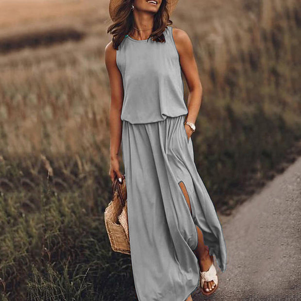 Women's Round Neck Solid Cotton-Blend Boho Maxi Dress