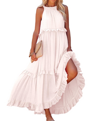 Ruffled Sleeveless Tiered Maxi Dress with Pockets