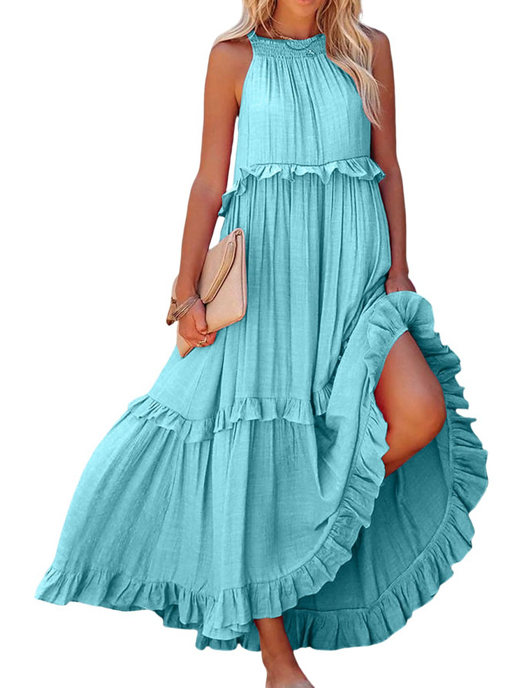 Ruffled Sleeveless Tiered Maxi Dress with Pockets