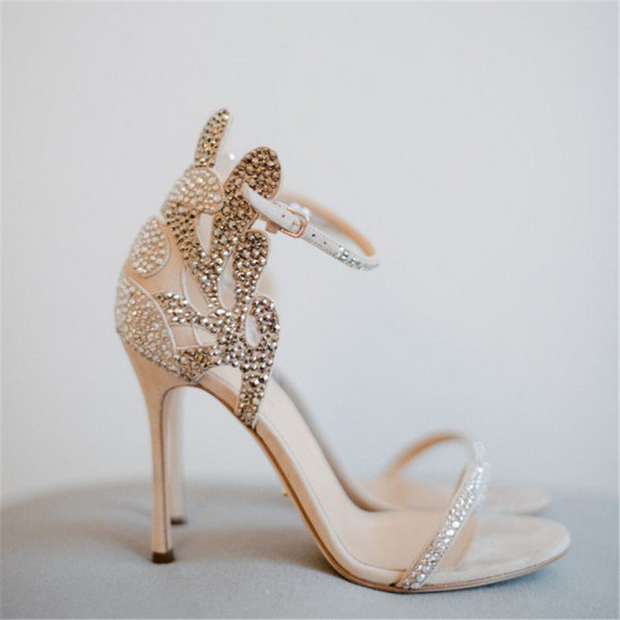 Champagne Wedding Shoes Rhinestone Stiletto Heels Bridal Sandals