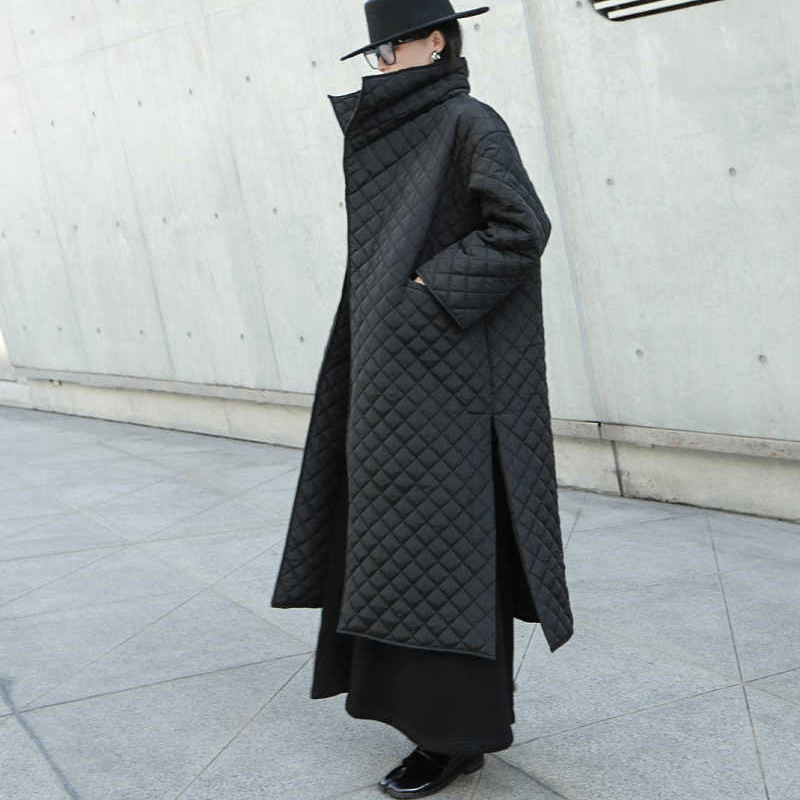 Black Split-Side High Collar Long Coat