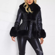 Faux Leather Rabbit Fur Belted Coat Jacket