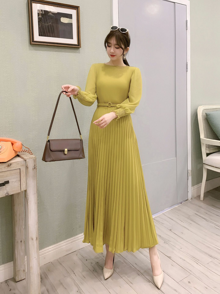 Simple Pleated Long Sleeves Belted Maxi Dress